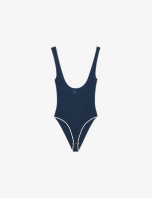 Sandro Womens Bleus Katia Logo-embroidered Contrast-trim Stretch-woven Bodysuit In Blue