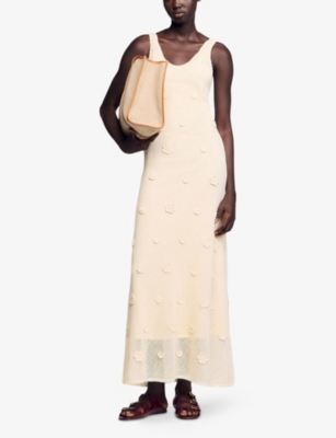 Sandro Womens Naturels Flower-embellished Sleeveless Knitted Maxi Dress In Naturels