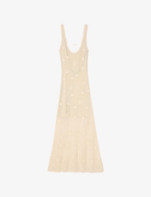 Sandro Womens Naturels Flower-embellished Sleeveless Knitted Maxi Dress In Naturels