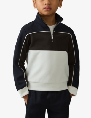 Reiss Katoon Half-zip Stretch-woven Sweatshirt 3-13 Years Chocolate Brown Navy Off In Chocolate Brown Navy Off