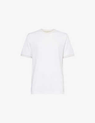 Eleventy Mens  Striped-trim Cotton T-shirt In Bianco, Sabbia E Bianco