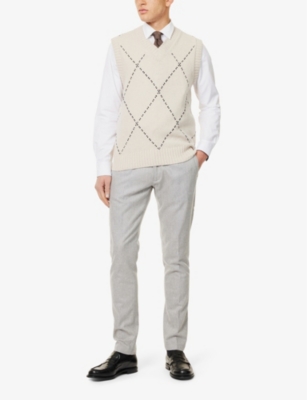 Eleventy Mens Contrast-stitch V-neck Wool Knitted Vest Sand And Blue In Sand And Blue