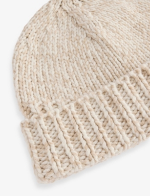 Eleventy Mens Sand Ribbed Folded-brim Cashmere-knit Beanie Hat