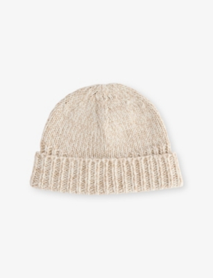 Eleventy Mens Sand Ribbed Folded-brim Cashmere-knit Beanie Hat