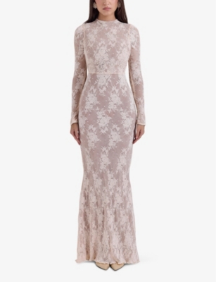 House Of Cb Isoline Lace Long Sleeve Gown In Peach