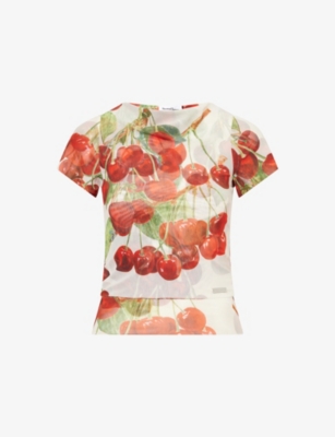 HOUSE OF SUNNY: Cherry-Print Double-Layer Stretch-Woven Top