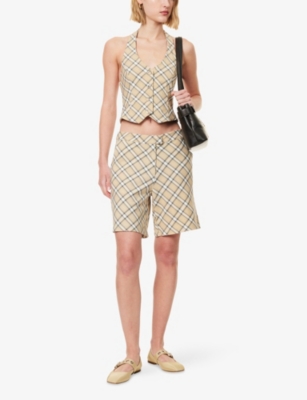 House Of Sunny Womens Multi Sloane Check-print Stretch-woven Shorts In Neutral