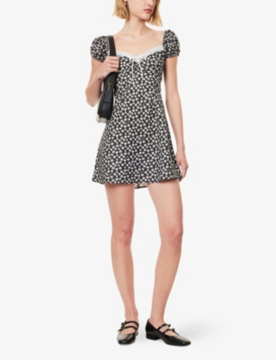 House Of Sunny Womens Multi Ditsy Daisy Puff-sleeve Cotton And Linen-blend Mini Dress In Black