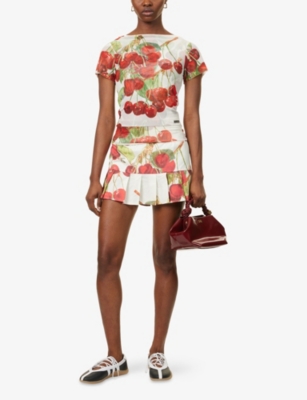 HOUSE OF SUNNY: Cherry-Print Pleated Cotton-And-Linen Mini Skirt