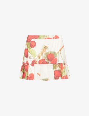 HOUSE OF SUNNY: Cherry-Print Pleated Cotton-And-Linen Mini Skirt