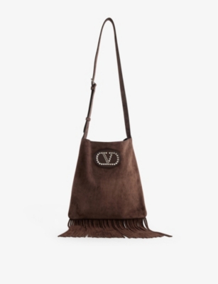 VALENTINO GARAVANI: Nellcôte VLogo Signature fringed-trim suede shoulder bag