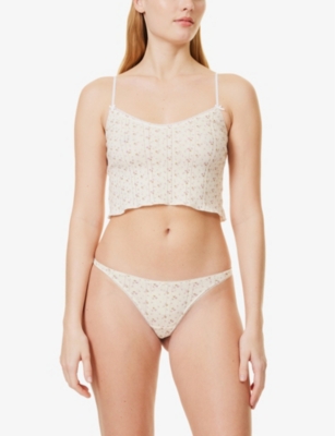 Cou Cou Intimates Womens  Mid-rise Pointelle-pattern Organic-cotton Thong In English Rose
