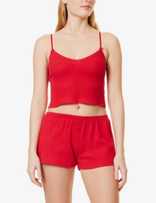 COU COU INTIMATES WOMENS CHERRY RED POINTELLE-PATTERN MID-RISE ORGANIC-COTTON SHORTS 