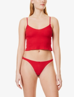 Cou Cou Intimates Womens Mid-rise Pointelle-pattern Organic-cotton Thong Cherry Red In Cherry Red