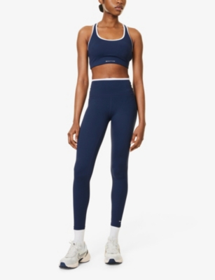 P.E NATION WOMENS DARK NAVY / OPTIC WHITE STELLAR SCOOP-NECK STRETCH-WOVEN SPORTS BRA 