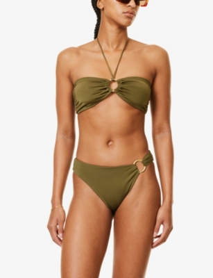 Away That Day Womens  Acapulco Ring-hardware High-cut Bikini Bottoms In Olive Green Shine