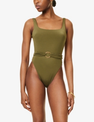 Away That Day Womens Lake Como Belted Swimsuit Olive Green Shine In Olive Green Shine