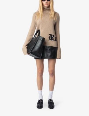 ZADIG & VOLTAIRE WOMENS OATMEAL NALMA TEXT-INTARSIA MERINO WOOL JUMPER