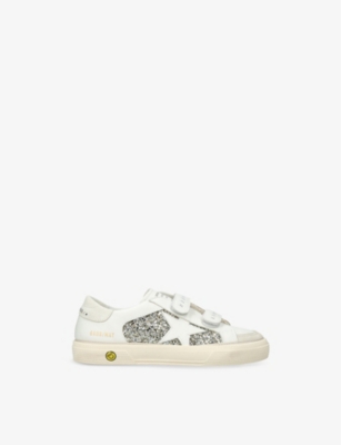 GOLDEN GOOSE WHITE/COMB KIDS' MAY SCHOOL JUNIOR GLITTER-PANEL LOW-TOP LEATHER TRAINERS