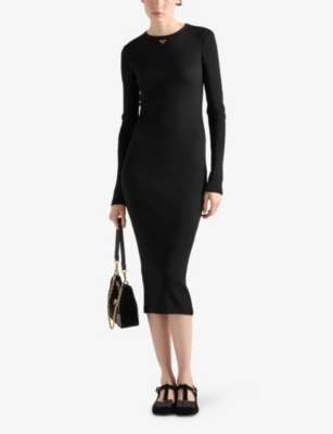 PRADA: Triangle-Logo Ribbed Knit Jersey Midi Dress