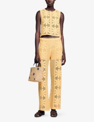 SANDRO: Floral-Pattern Crochet Knitted Trousers