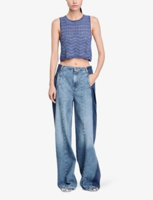 Sandro Womens Bleus Sleeveless Cropped Knitted Top In Bleus