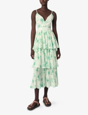 Maje Womens  Graphic-print V-neck Woven Midi Dress In Verts