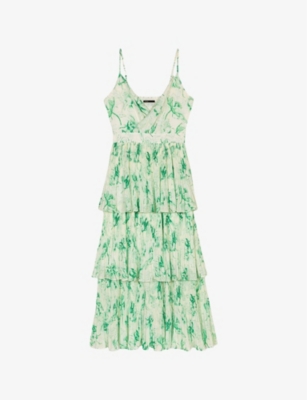 Maje Womens  Graphic-print V-neck Woven Midi Dress In Verts