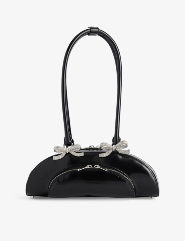 Bow-Embellished Curved Leather Shoulder Bag