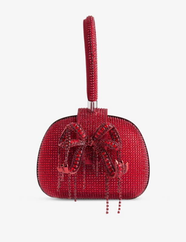 Bow-plaque crystal-embellishment stretch-woven clutch bag