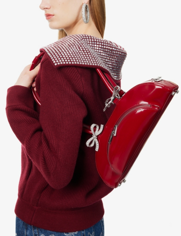 Bow-Embellished Curved Leather Shoulder Bag