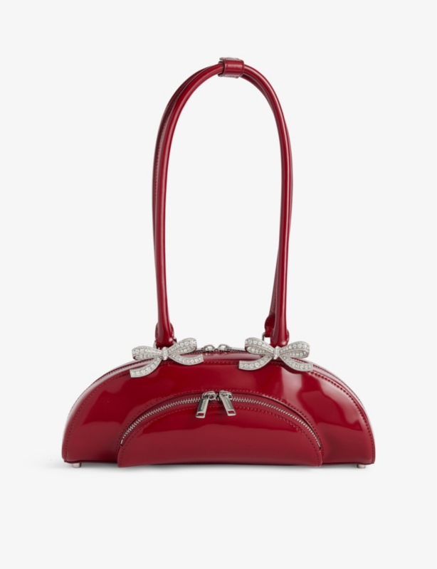 Bow-Embellished Curved Leather Shoulder Bag