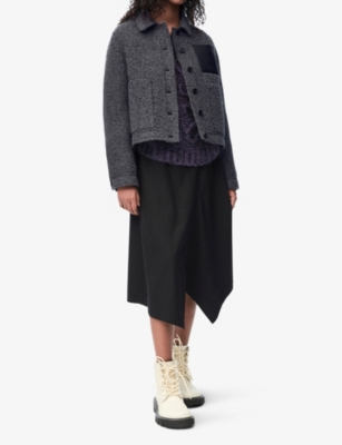Loewe Womens Anthracite Melange Logo-embroidered Asymmetric Wool Midi Skirt In Black