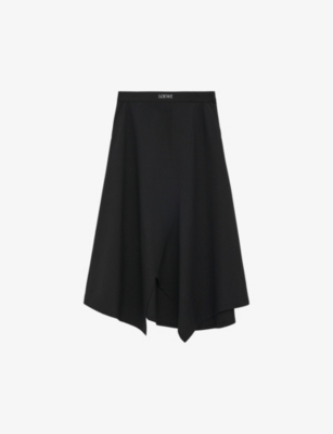 Loewe Womens Anthracite Melange Logo-embroidered Asymmetric Wool Midi Skirt In Black