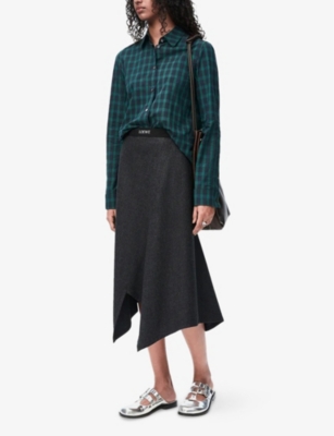 LOEWE WOMENS CHARCOAL MELANGE ASYMMETRIC BRANDED-WAISTBAND WOOL-CASHMERE BLEND MIDI SKIRT 