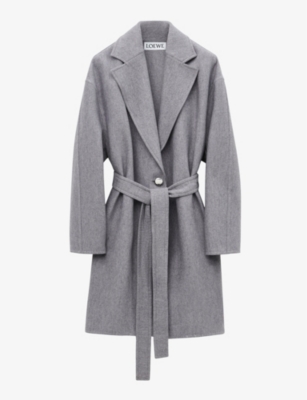 LOEWE WOMENS LIGHT GREY PEBBLE BELTED-WAIST WOOL AND CASHMERE COAT 