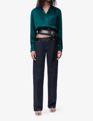 LOEWE WOMENS DARK GREEN ANAGRAM-EMBROIDERED SATIN SILK BLOUSE 