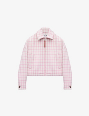 LOEWE WOMENS GINGHAM-PRINT BOXY-FIT WOOL-BLEND JACKET WHITE/PINK