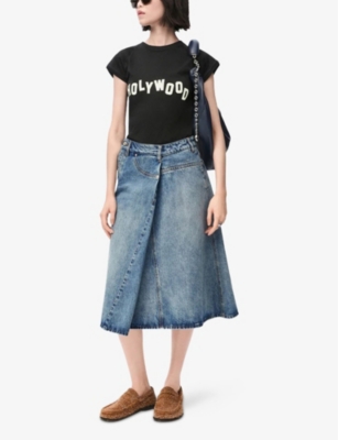 Loewe Womens Washed Denim Deconstructed Faded-wash Denim Midi Skirt In Washed Denim