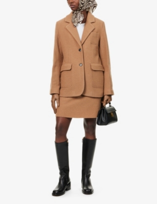 SKALL STUDIO WOMENS CAMEL YOKO TEXTURED SINGLE-BREASTED WOOL BLAZER 