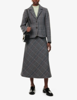 SKALL STUDIO WOMENS GREY HERRINGBONE CLAIRE CHECK-PATTERN WOOL JACKET 