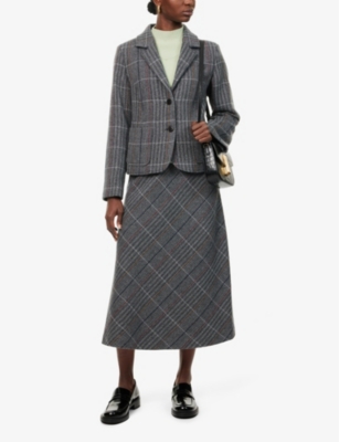 SKALL STUDIO WOMENS GREY HERRINGBONE JULIAN CHECK-PRINT WOOL SKIRT 