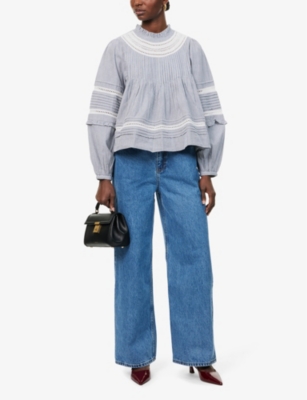 Skall Studio Womens Blue White Stripe Belle Embroidered Striped Cotton Blouse In Blue White Stripe