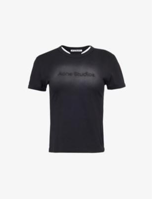 ACNE STUDIOS WOMENS FADED BLACK LOGO-EMBROIDERED ROUND-NECK COTTON T-SHIRT