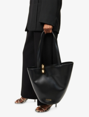Jacquemus The Medium Bambola Asymmetric Leather Bucket Bag In Black
