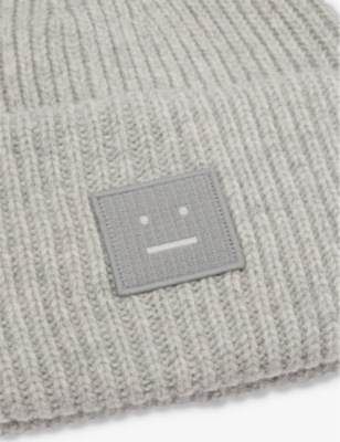 ACNE STUDIOS WOMENS LIGHT GREY MELANGE BRAND-PATCH RIBBED WOOL BEANIE 