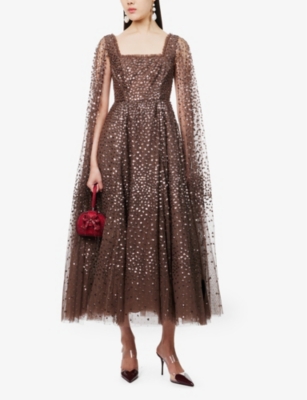 NEEDLE & THREAD WOMENS CHOCOLATE SCATTER DOT SQUARE-NECKLINE RECYCLED-POLYESTER MAXI DRESS 
