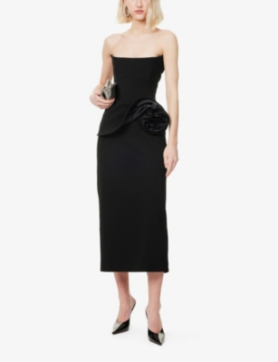MAGDA BUTRYM: Floral-Appliqué Bustier Satin Midi Dress