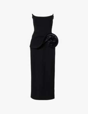 MAGDA BUTRYM: Floral-Appliqué Bustier Satin Midi Dress