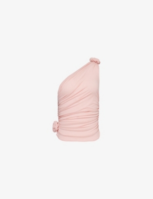 MAGDA BUTRYM: One-Shoulder Rose-Appliqué Stretch-Silk Top